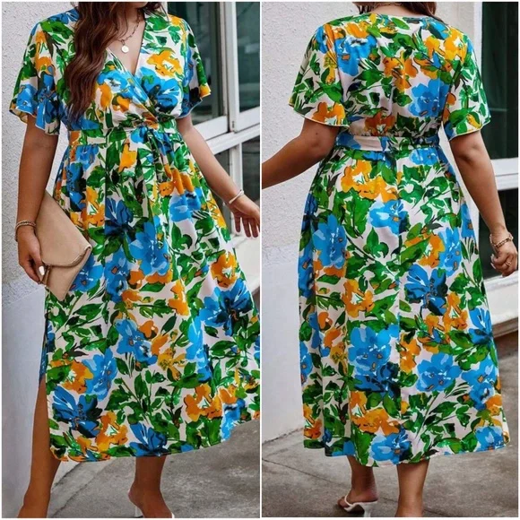 Plus Floral Print Butterfly Sleeve Dress - Picture 4 of 8